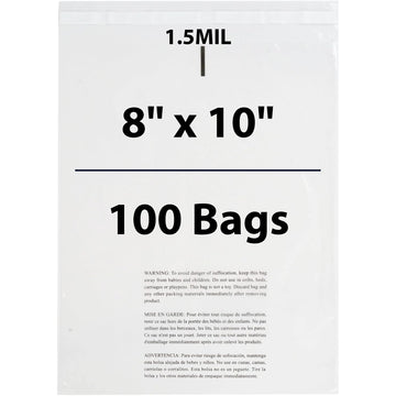 Poly Bags with suffocation warning 1.5 Mil 8X10 inches 100 Bags
